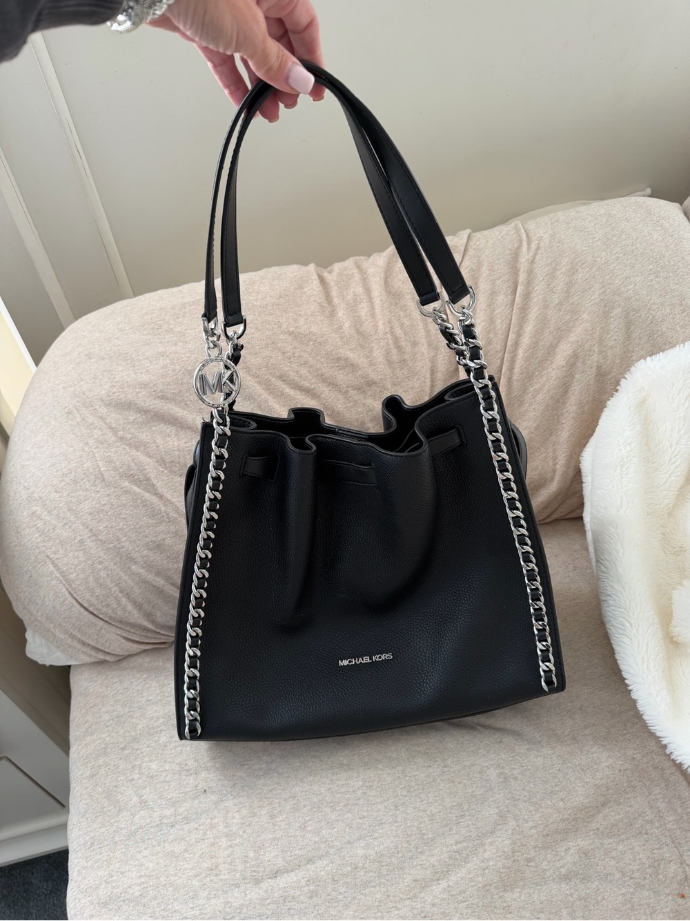 Michael Kors Black Pebbled Leather Chain-Trim Shoulder Tote